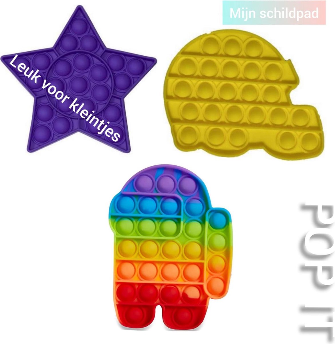 Pop It | Fidget toys | Pakket van 3 stuks | Regenboog Among us + Ster paars + Schildpad geel | Speelgoed meisjes + jongens + volwassen | Pop It | Fidget toy